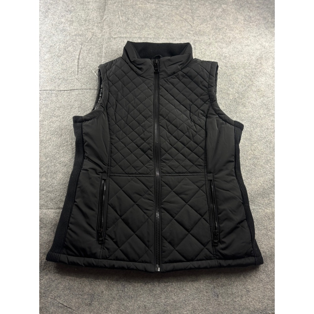 Andrew Marc Womens Black Quilted Puffer Vest Ribbed Sides Size M Mock Neck Zip